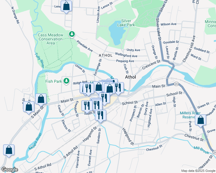 map of restaurants, bars, coffee shops, grocery stores, and more near 158 Marble Street in Athol