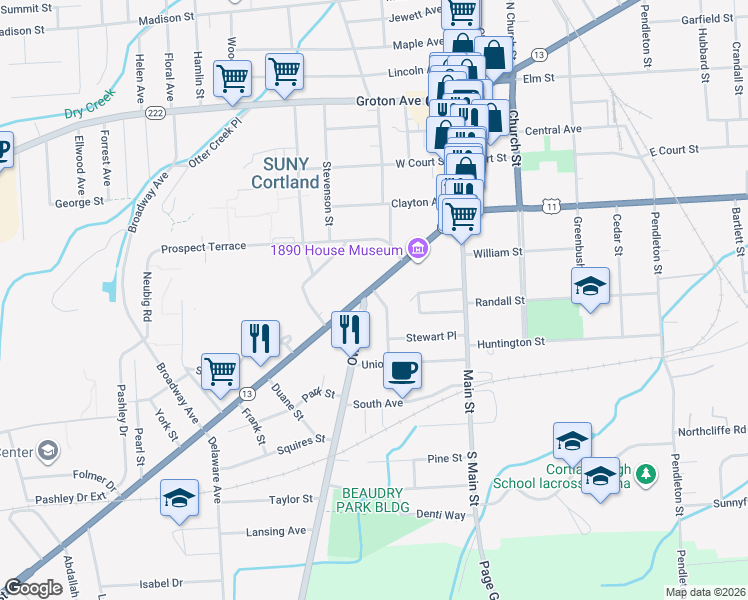 map of restaurants, bars, coffee shops, grocery stores, and more near 45 Tompkins Street in Cortland