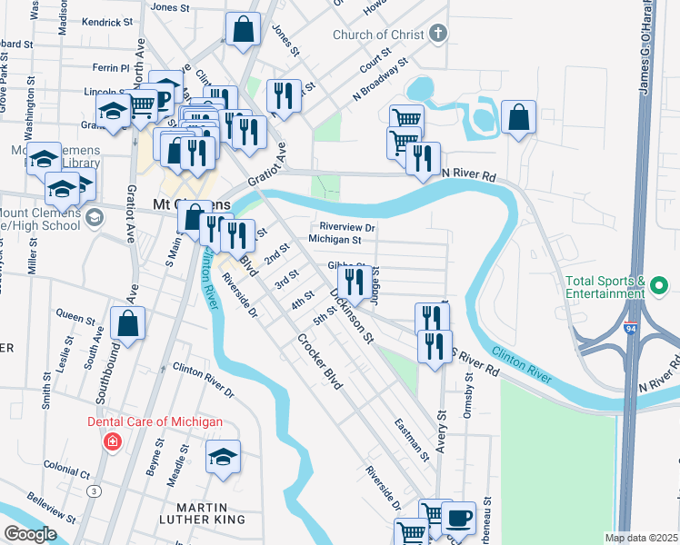map of restaurants, bars, coffee shops, grocery stores, and more near 25 Gibbs Street in Mount Clemens