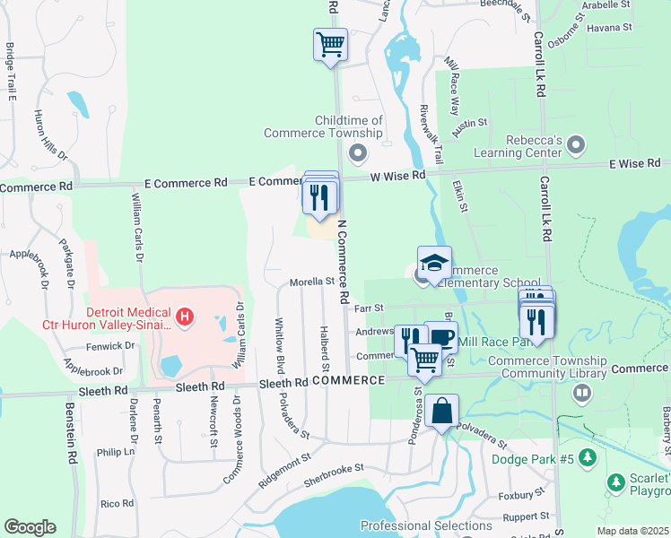 map of restaurants, bars, coffee shops, grocery stores, and more near 1155 North Commerce Road in Commerce Charter Township