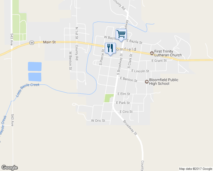 map of restaurants, bars, coffee shops, grocery stores, and more near South Washington Street in Bloomfield