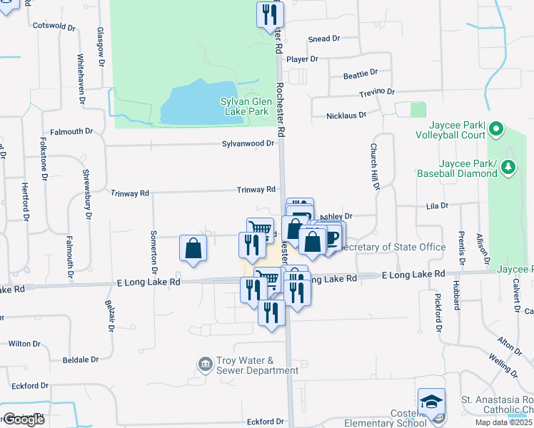 map of restaurants, bars, coffee shops, grocery stores, and more near 972 Cottage Lane in Troy