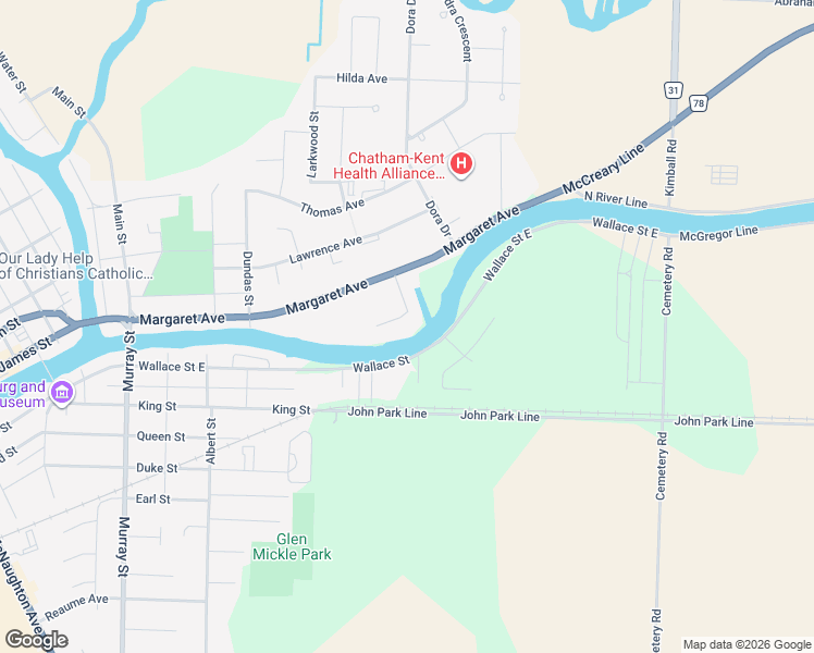 map of restaurants, bars, coffee shops, grocery stores, and more near 8 Martin Park Road in Chatham-Kent