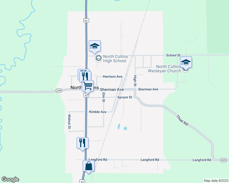 map of restaurants, bars, coffee shops, grocery stores, and more near 2086 Sherman Avenue in North Collins
