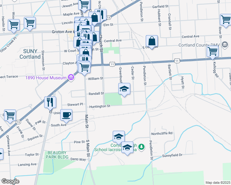 map of restaurants, bars, coffee shops, grocery stores, and more near Randall Street in Cortland