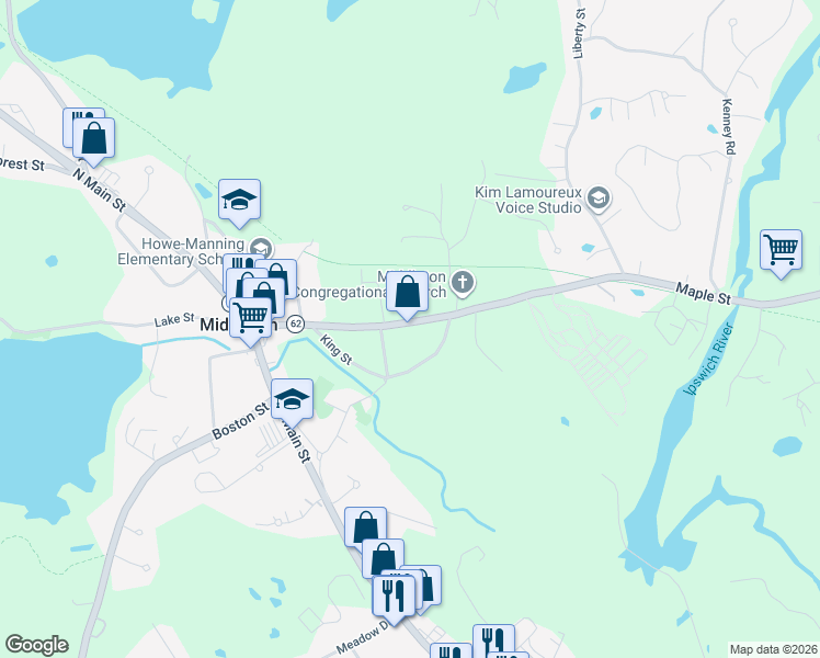 map of restaurants, bars, coffee shops, grocery stores, and more near 46 Maple Street in Middleton