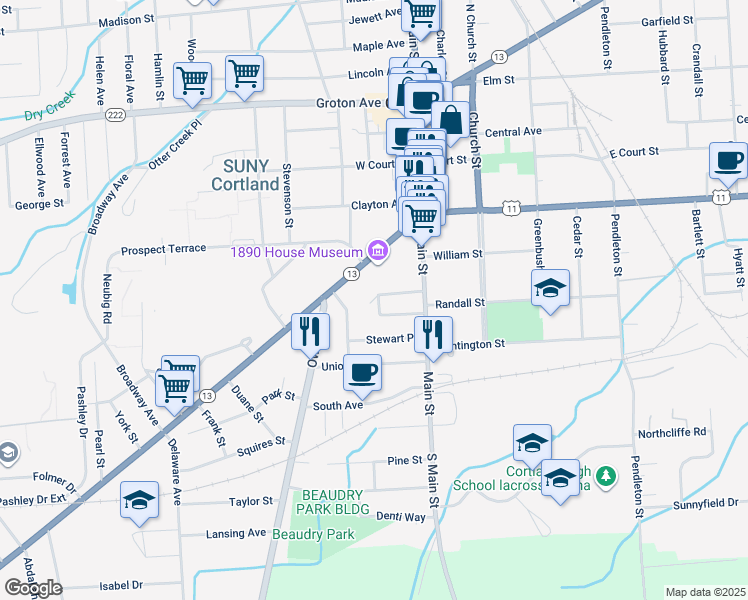 map of restaurants, bars, coffee shops, grocery stores, and more near 19 Argyle Place in Cortland