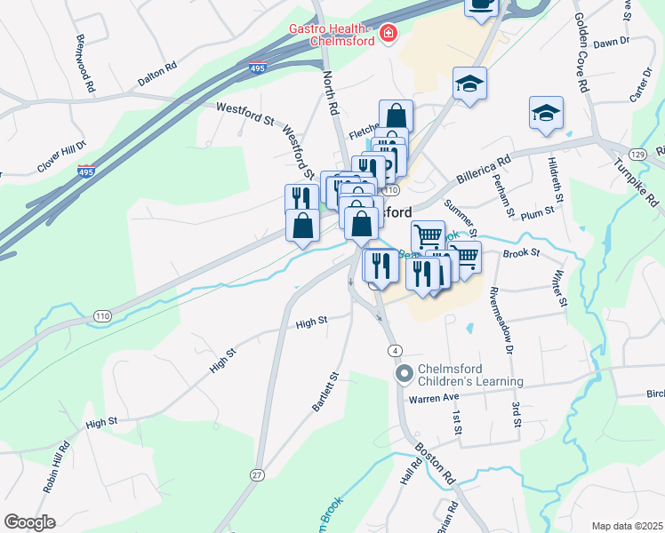 map of restaurants, bars, coffee shops, grocery stores, and more near 9 Acton Road in Chelmsford