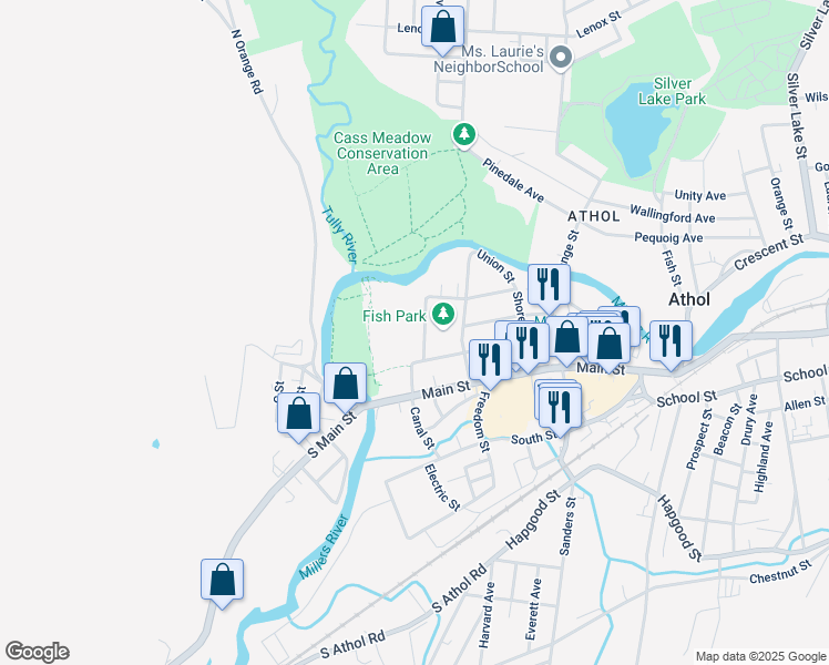 map of restaurants, bars, coffee shops, grocery stores, and more near 98 Maple Street in Athol