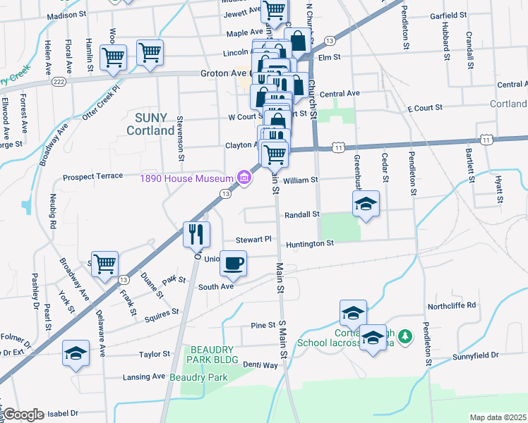 map of restaurants, bars, coffee shops, grocery stores, and more near 150 Main Street in Cortland