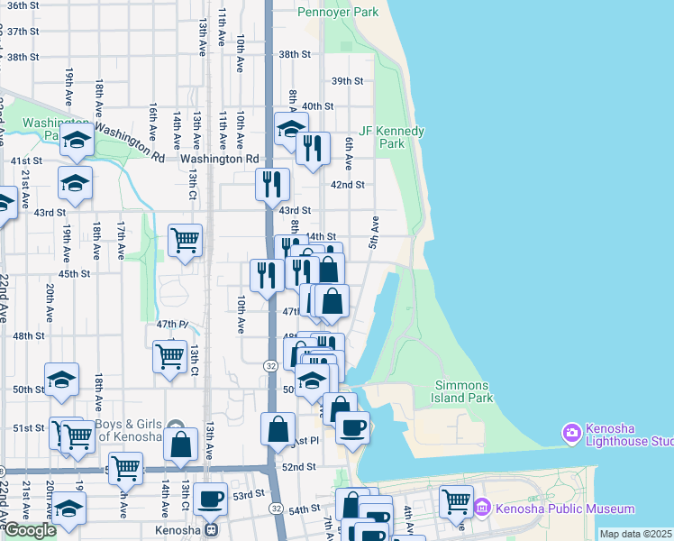 map of restaurants, bars, coffee shops, grocery stores, and more near 4424 7th Avenue in Kenosha