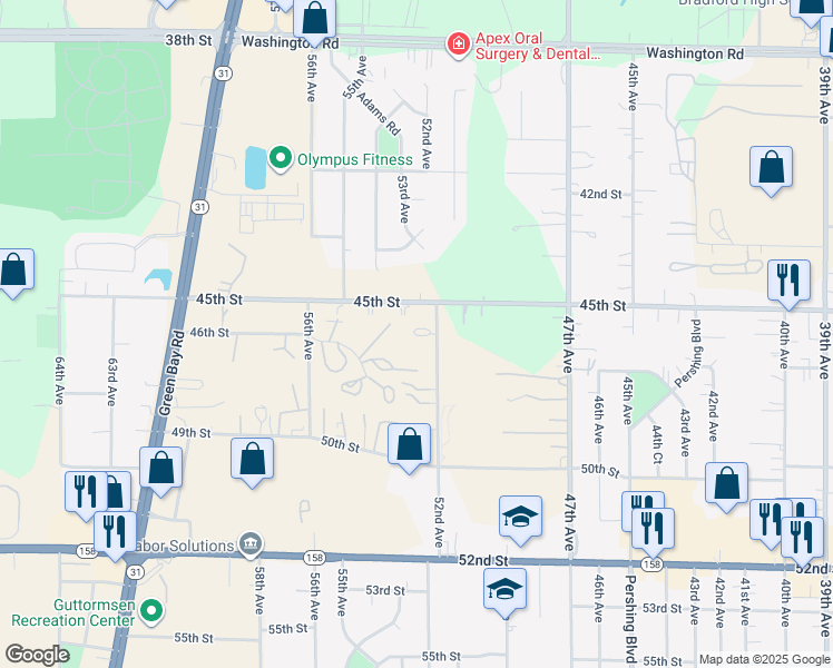 map of restaurants, bars, coffee shops, grocery stores, and more near 5209 45th Street in Kenosha