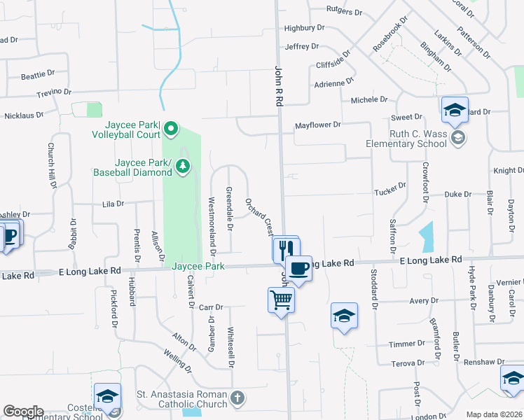 map of restaurants, bars, coffee shops, grocery stores, and more near 5182 Orchard Crest in Troy