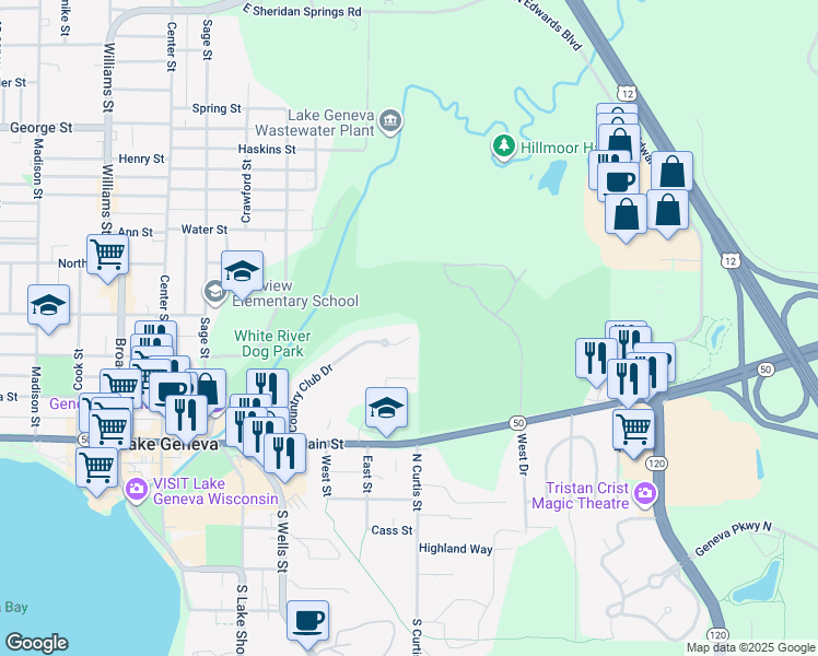 map of restaurants, bars, coffee shops, grocery stores, and more near 498 Country Club Drive in Lake Geneva