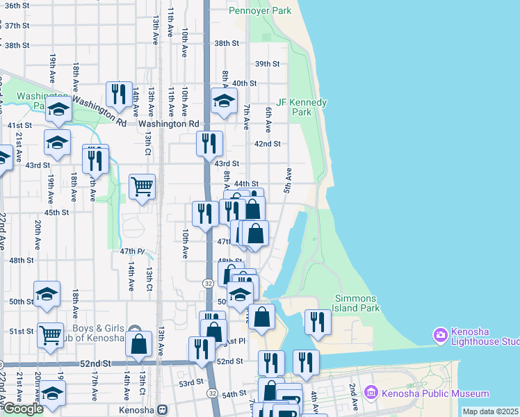 map of restaurants, bars, coffee shops, grocery stores, and more near 4424 7th Avenue in Kenosha