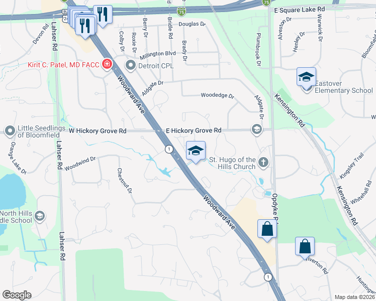 map of restaurants, bars, coffee shops, grocery stores, and more near 118 East Hickory Grove Road in Bloomfield Hills