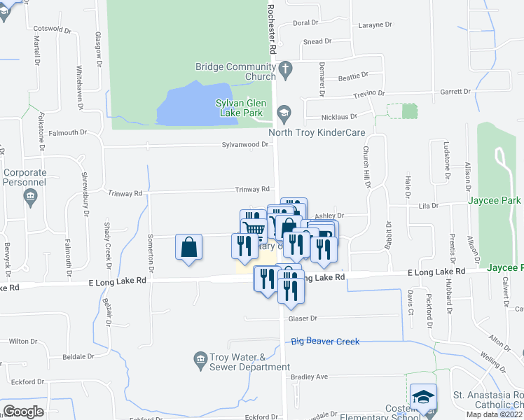 map of restaurants, bars, coffee shops, grocery stores, and more near 968 Cottage Lane in Troy