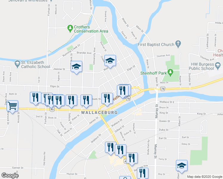 map of restaurants, bars, coffee shops, grocery stores, and more near 309 William Street in Chatham-Kent