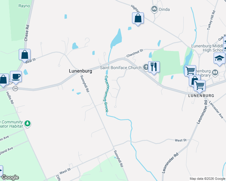 map of restaurants, bars, coffee shops, grocery stores, and more near Riley Rd in Lunenburg