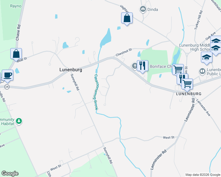 map of restaurants, bars, coffee shops, grocery stores, and more near 35 Riley Road in Lunenburg
