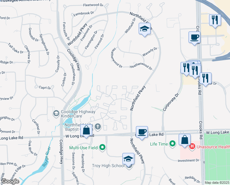 map of restaurants, bars, coffee shops, grocery stores, and more near 5216 Breeze Hill Place in Troy