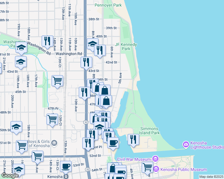 map of restaurants, bars, coffee shops, grocery stores, and more near 4425 6th Avenue in Kenosha