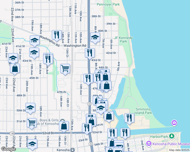 map of restaurants, bars, coffee shops, grocery stores, and more near 806 45th Street in Kenosha