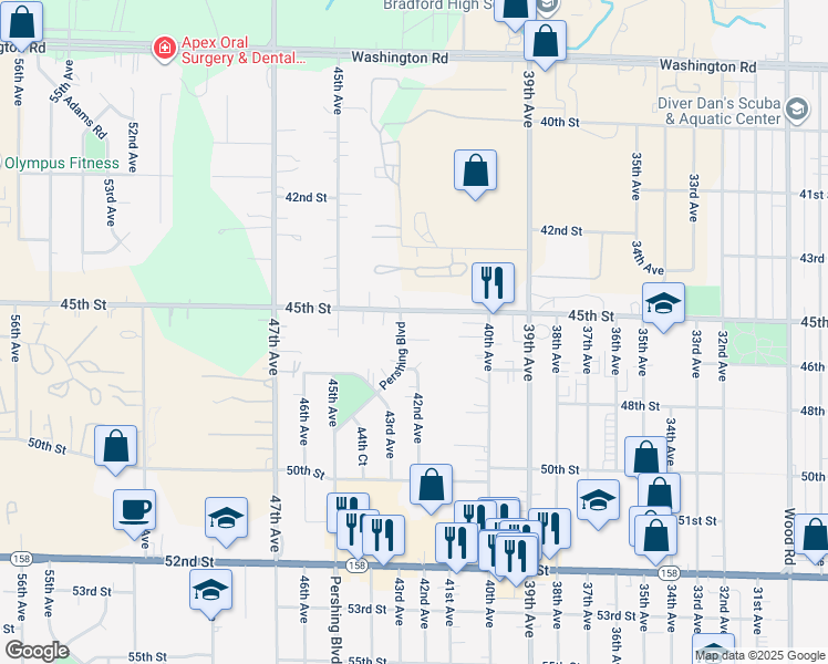 map of restaurants, bars, coffee shops, grocery stores, and more near 4123 45th Street in Kenosha