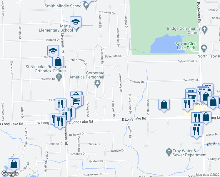 map of restaurants, bars, coffee shops, grocery stores, and more near 5207 Falmouth Drive in Troy