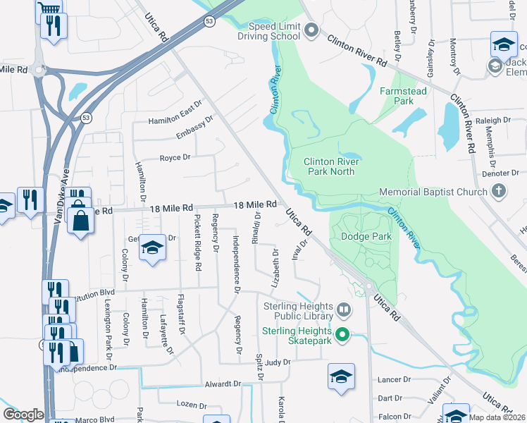 map of restaurants, bars, coffee shops, grocery stores, and more near 11201 18 Mile Road in Sterling Heights