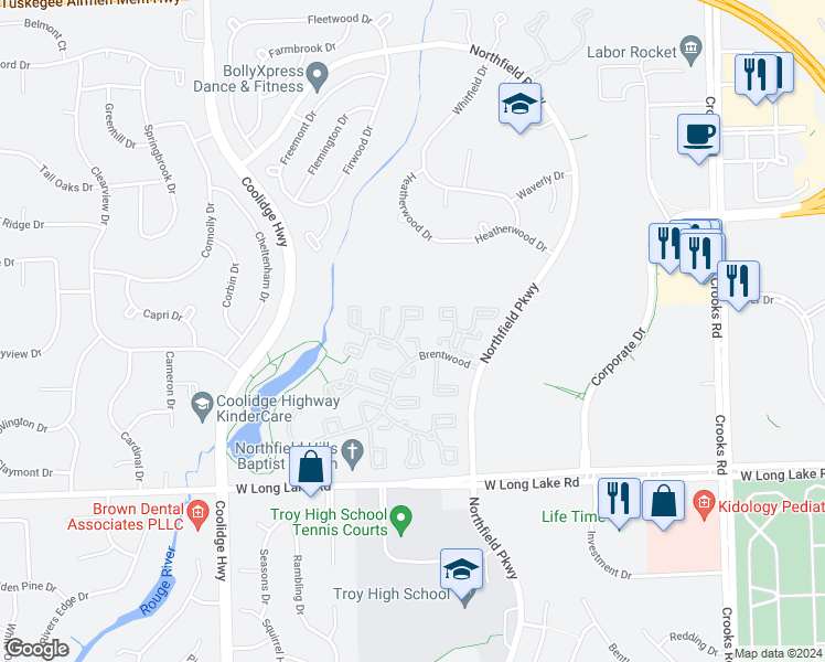 map of restaurants, bars, coffee shops, grocery stores, and more near 5216 Breeze Hill Place in Troy