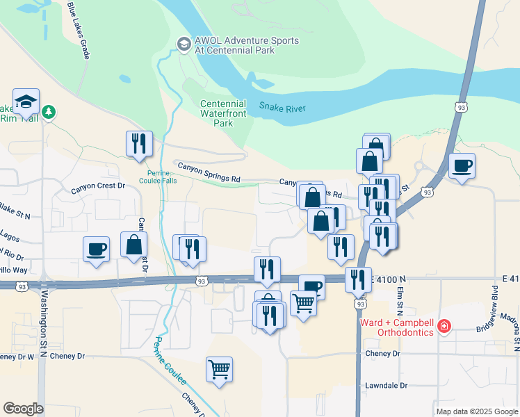 map of restaurants, bars, coffee shops, grocery stores, and more near 643 Canyon Park Avenue in Twin Falls