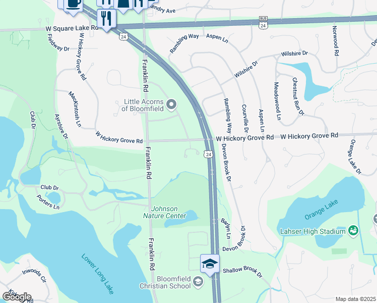 map of restaurants, bars, coffee shops, grocery stores, and more near 3018 West Ridge Court in Bloomfield Township