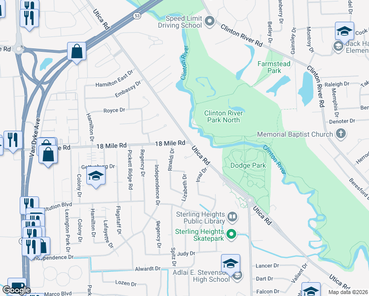 map of restaurants, bars, coffee shops, grocery stores, and more near 11201 18 Mile Road in Sterling Heights