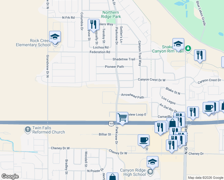 map of restaurants, bars, coffee shops, grocery stores, and more near 548 Falling Leaf Lane in Twin Falls