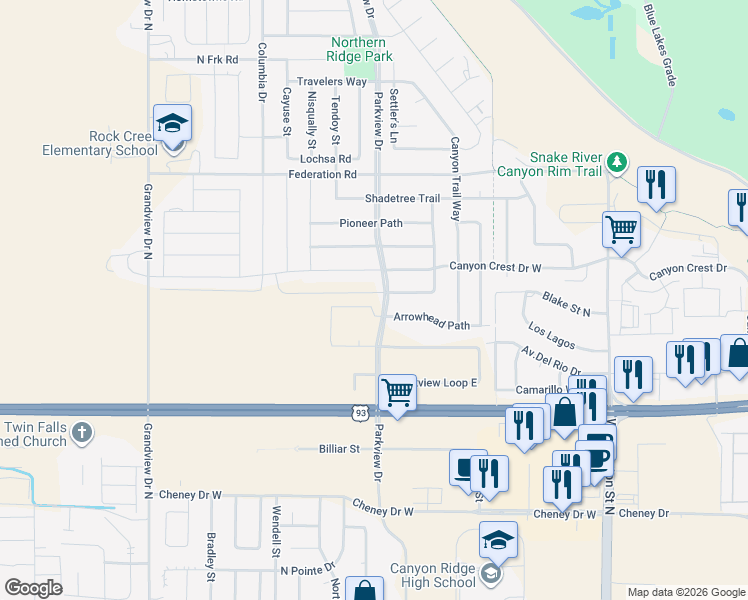 map of restaurants, bars, coffee shops, grocery stores, and more near 482 Falling Leaf in Twin Falls