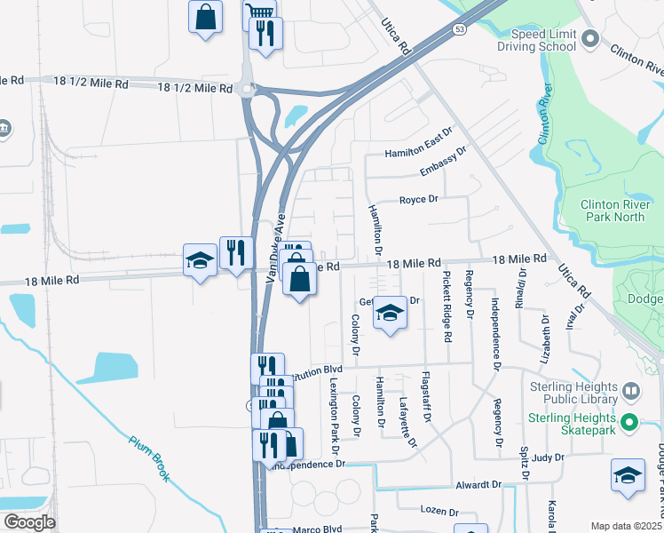 map of restaurants, bars, coffee shops, grocery stores, and more near 8402 18 Mile Rd in Sterling Heights