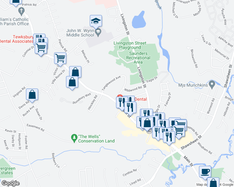 map of restaurants, bars, coffee shops, grocery stores, and more near 39 Tanglewood Avenue in Tewksbury