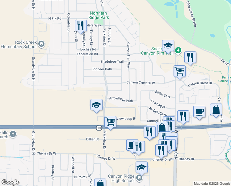 map of restaurants, bars, coffee shops, grocery stores, and more near 420 Falling Leaf in Twin Falls