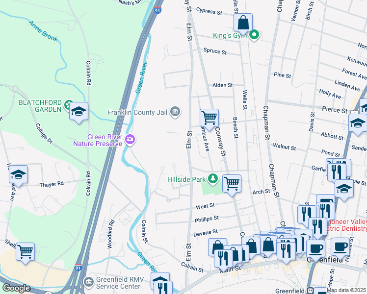 map of restaurants, bars, coffee shops, grocery stores, and more near 150 Elm Street in Greenfield