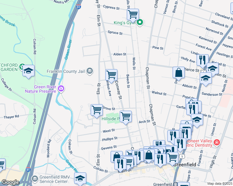 map of restaurants, bars, coffee shops, grocery stores, and more near 192-194 Conway Street in Greenfield