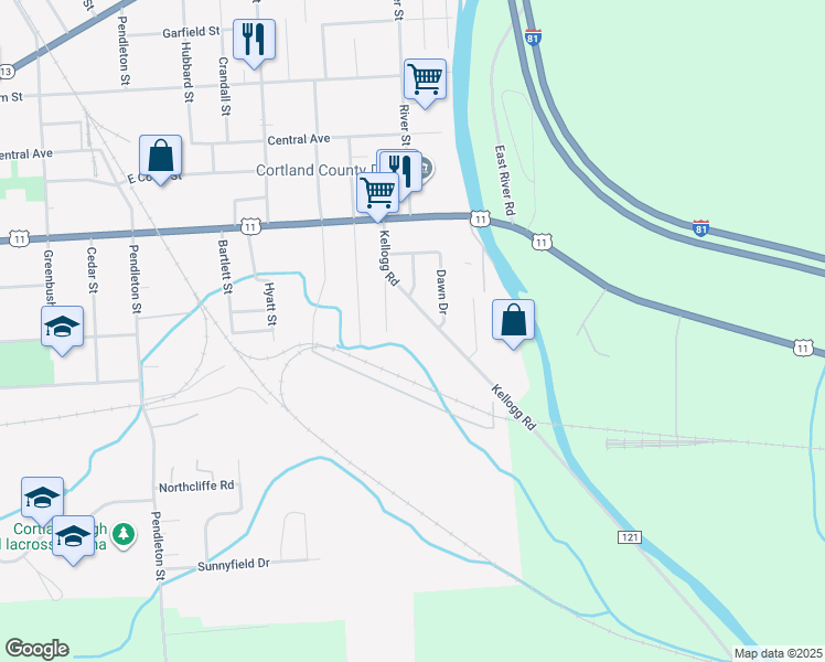 map of restaurants, bars, coffee shops, grocery stores, and more near 24 Kellogg Road in Cortland