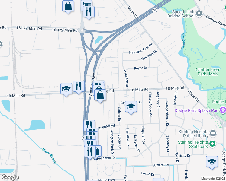 map of restaurants, bars, coffee shops, grocery stores, and more near 8402 18 Mile Road in Sterling Heights
