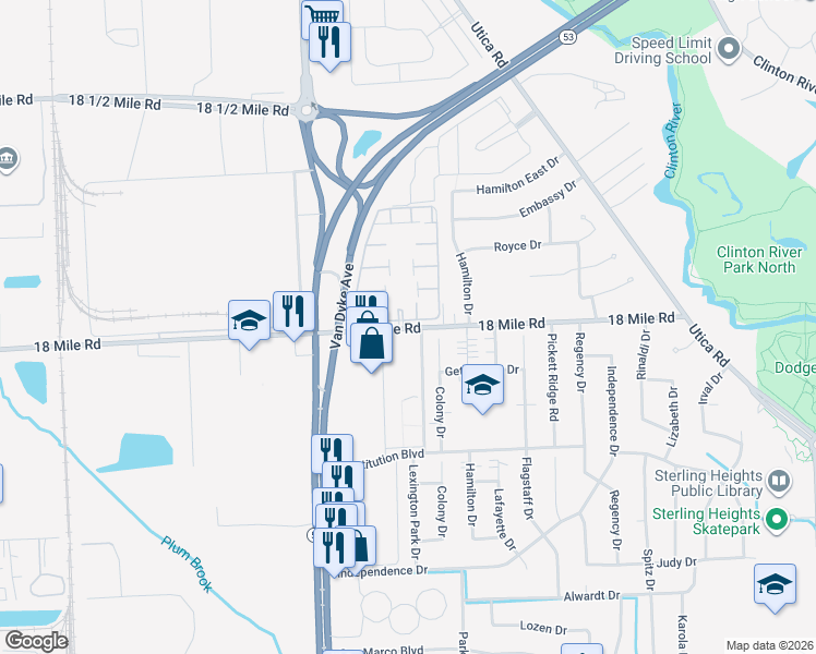 map of restaurants, bars, coffee shops, grocery stores, and more near 8402 18 Mile Road in Sterling Heights