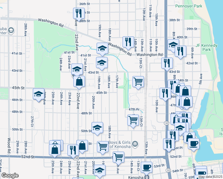 map of restaurants, bars, coffee shops, grocery stores, and more near 4419 18th Avenue in Kenosha