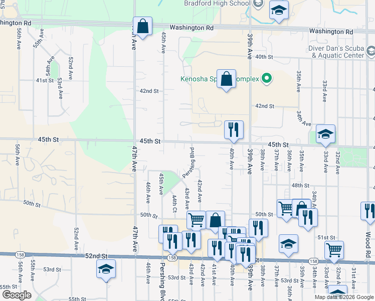 map of restaurants, bars, coffee shops, grocery stores, and more near 4305 45th Street in Kenosha