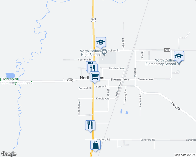 map of restaurants, bars, coffee shops, grocery stores, and more near 2040 Sherman Avenue in North Collins