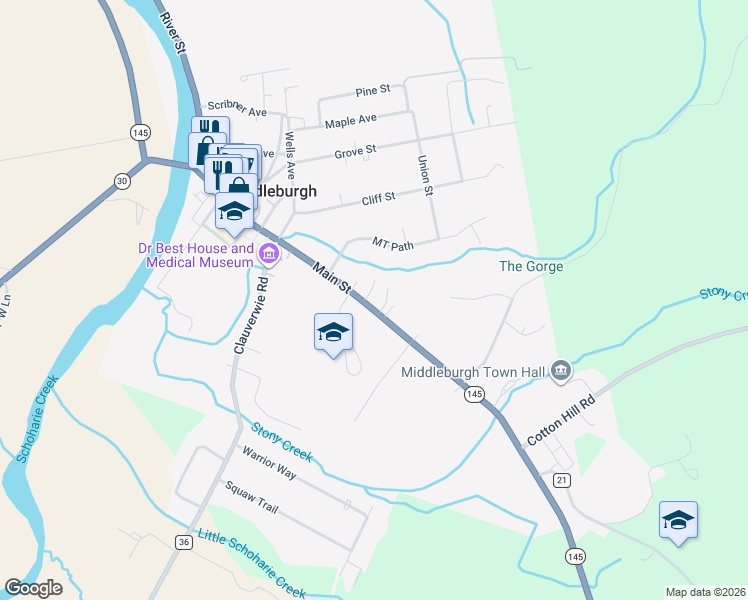 map of restaurants, bars, coffee shops, grocery stores, and more near 111 Bevins Lane in Middleburgh