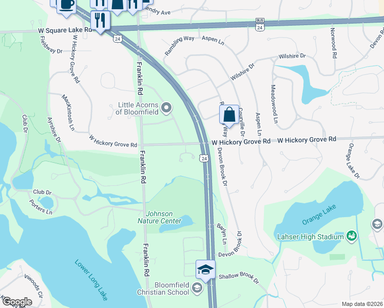 map of restaurants, bars, coffee shops, grocery stores, and more near 3035 E Ridge Ct in Bloomfield Township