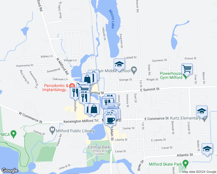 map of restaurants, bars, coffee shops, grocery stores, and more near 715 North Main Street in Milford Charter Township